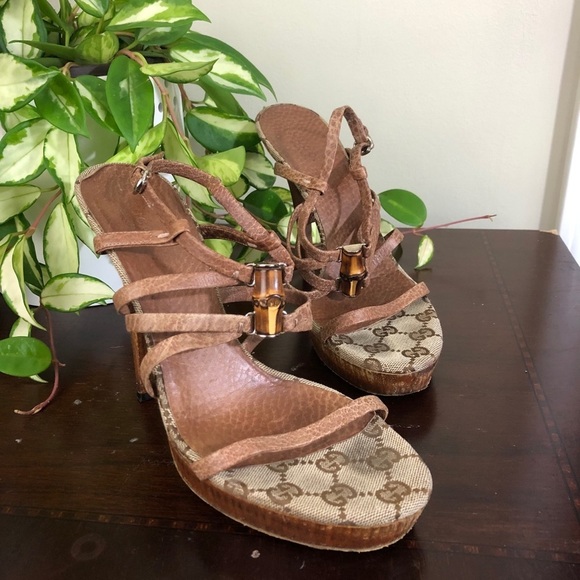 Gucci Bamboo Icon Logo Canvas Leather 36.5 Heels - Picture 3 of 8